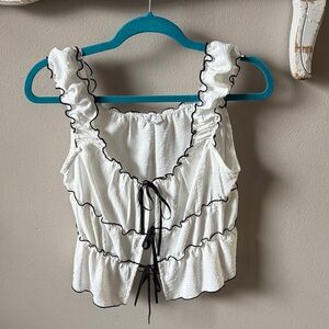 White Ruffle Tie-Front Camisole with Black Trim